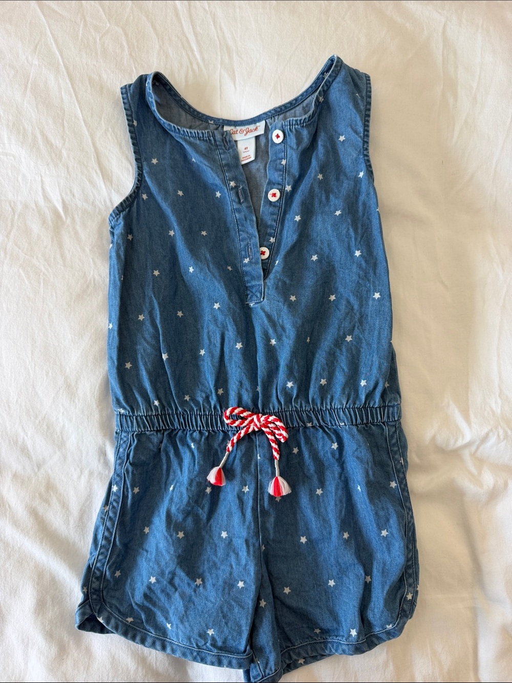 Cat & Jack Blue Star Denim Romper with Red Drawstring